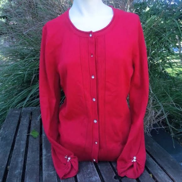 Alfani red cardigan Sweater rhinestone buttons size Petite Medium - Picture 1 of 5